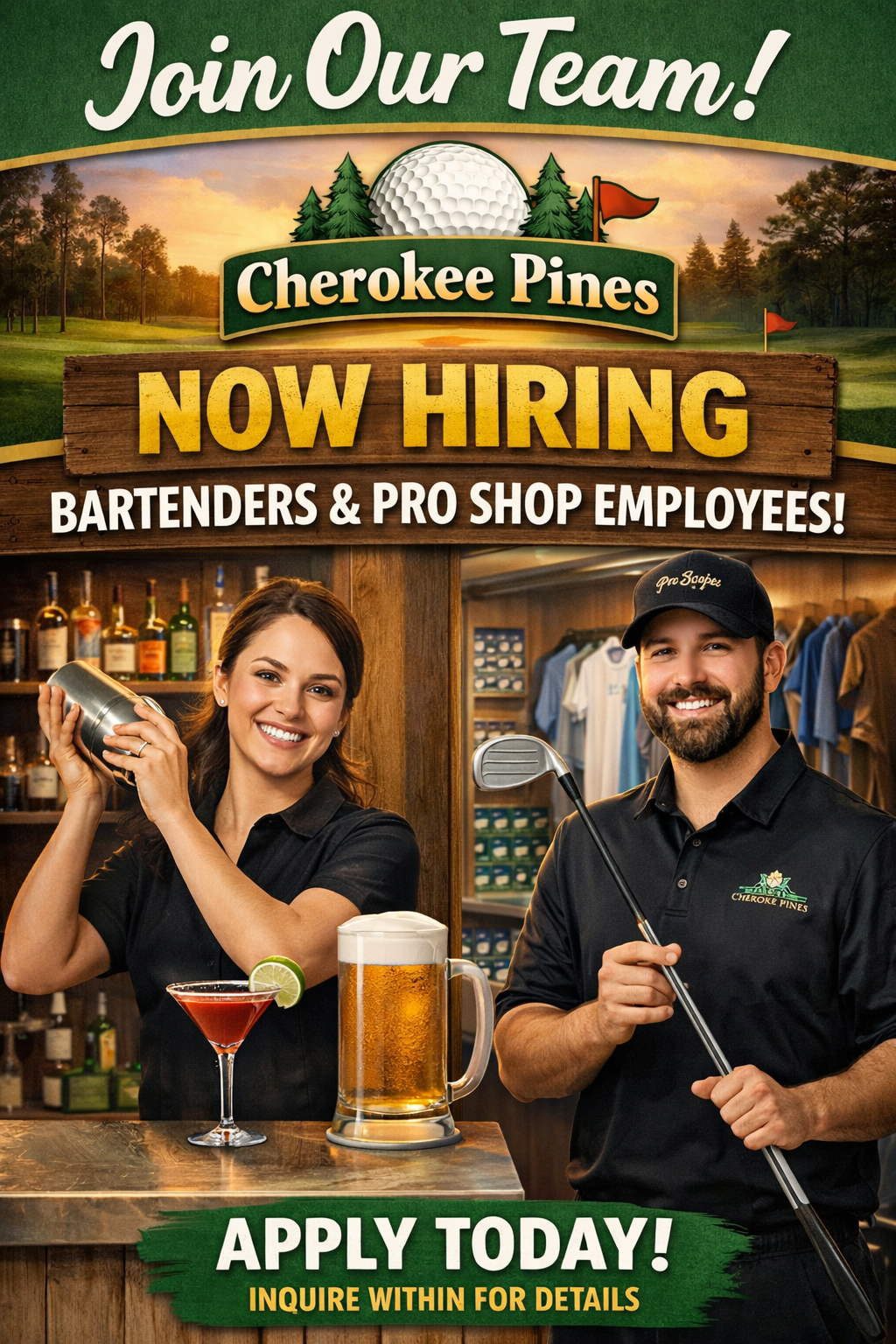 Now Hiring: Bartender / Pro Shop Attendant